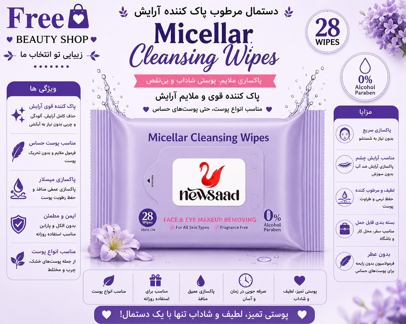 دستمال مرطوب 28 برگ نیوساد حاوی میسلار