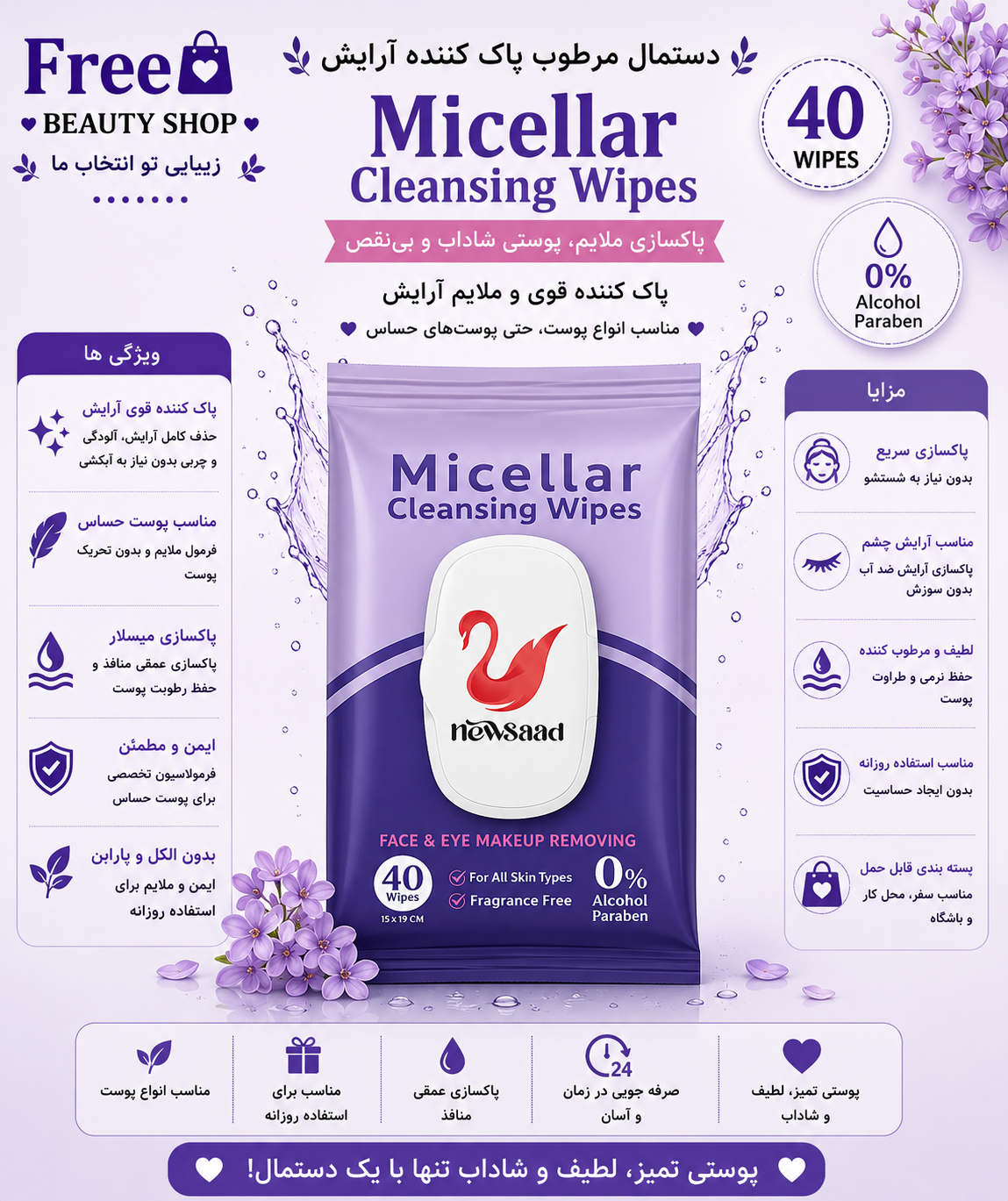دستمال مرطوب 40 برگ نیوساد حاوی میسلار